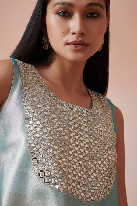 Buy_SUHINO_Blue Tissue, Slub Silk Mirror , Zari Round Embroidered Tunic Pant Set _Online_at_Aza_Fashions