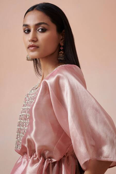 SUHINO_Pink Tissue, Slub Silk Mirror , Zari Round Embroidered Kaftan Set _Online_at_Aza_Fashions