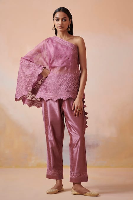 SUHINO_Purple Tissue, Slub Silk Dori Work One Shoulder Cape Pant Set _Online_at_Aza_Fashions
