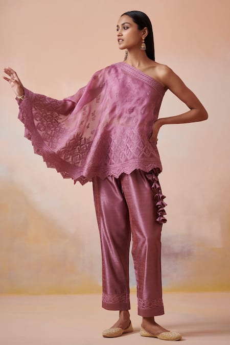 Suhino Purple Tissue Embroidered Dori Work One Shoulder Cape Pant Set
