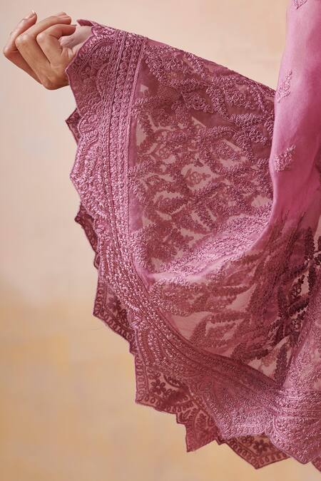 SUHINO_Purple Tissue, Slub Silk Dori Work One Shoulder Cape Pant Set _at_Aza_Fashions