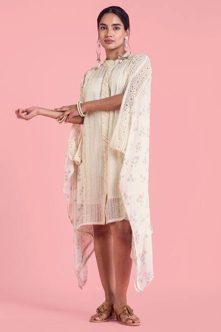 Saundh_White Bamberg Cotton Floral, Lace Work, Schiffli Band Collar Print Kaftan Dress_Online_at_Aza_Fashions