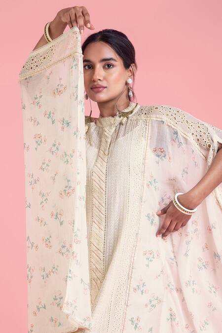 Buy_Saundh_White Bamberg Cotton Floral, Lace Work, Schiffli Band Collar Print Kaftan Dress_Online_at_Aza_Fashions