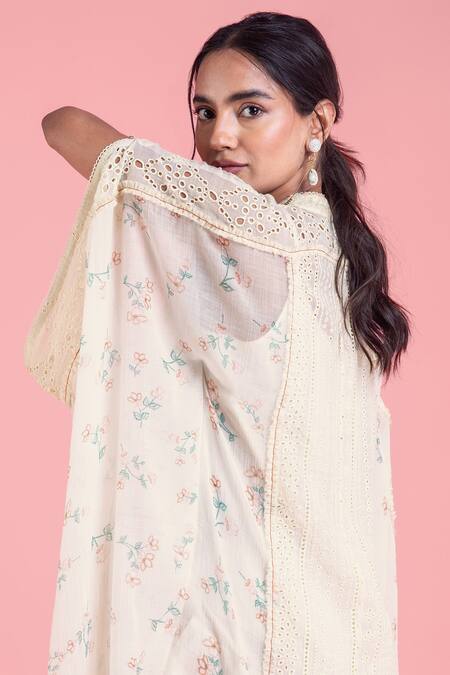 Shop_Saundh_White Bamberg Cotton Floral, Lace Work, Schiffli Band Collar Print Kaftan Dress_Online_at_Aza_Fashions