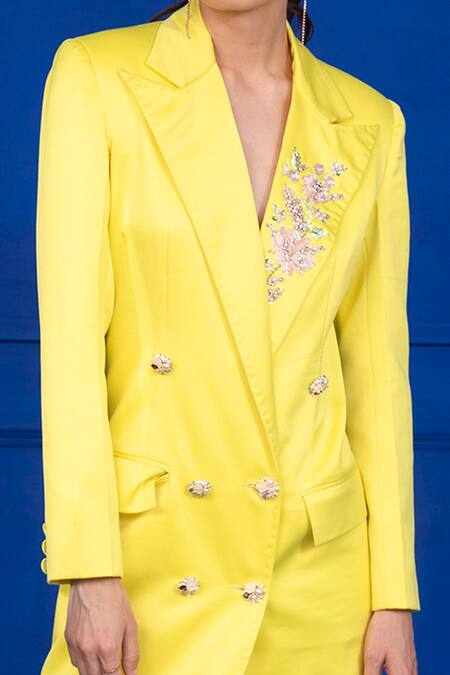 Buy_Mani Bhatia_Green Satin Crepe Floral Motifs Lapel Collar Sunny Long Blazer Dress _Online_at_Aza_Fashions