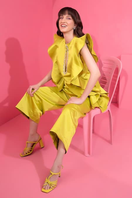 Mani Bhatia_Green Satin Organza Floral Motifs Keyhole Ruffle Top And Pant Set _Online_at_Aza_Fashions