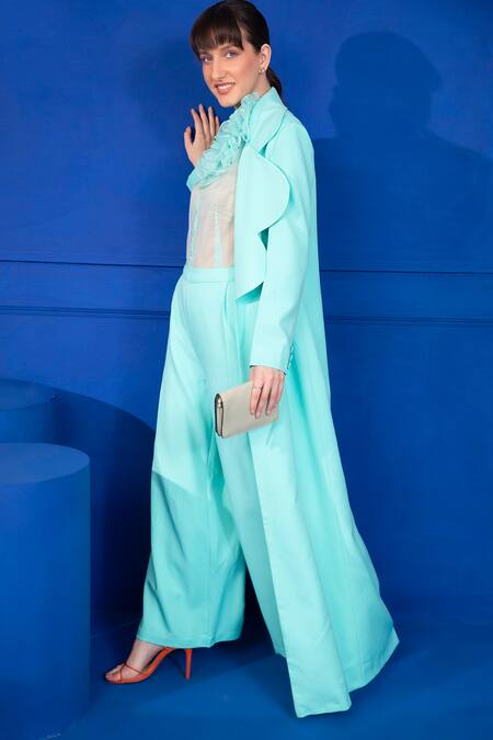 Buy_Mani Bhatia_Blue Organza, Banana Crepe Plain Open Scallop Blazer And Pant Set _Online_at_Aza_Fashions