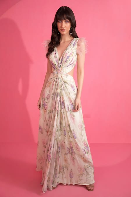 Mani Bhatia Floral Print Cut-Out Gown 