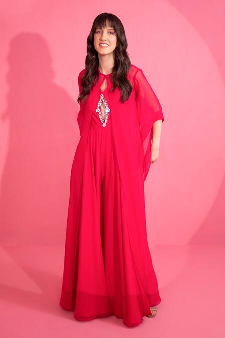 Mani Bhatia_Red Georgette Jewel Stone Cape Open, Jumpsuit V Neck Cut-out With _Online_at_Aza_Fashions