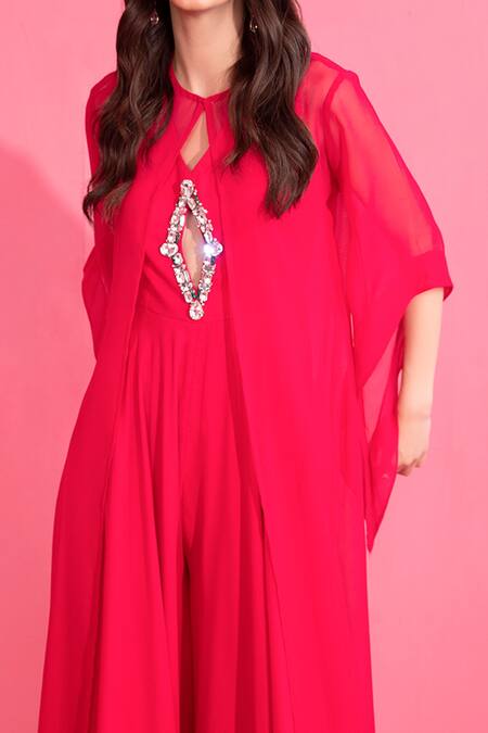 Buy_Mani Bhatia_Red Georgette Jewel Stone Cape Open, Jumpsuit V Neck Cut-out With _Online_at_Aza_Fashions