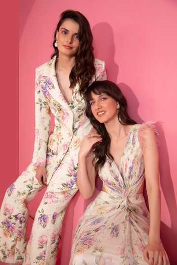 Mani Bhatia_Multi Color Cotton Satin Floral Motifs Notched Lapel Print Blazer And Pant Set _Online_at_Aza_Fashions