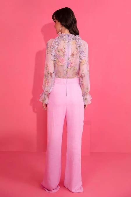 Shop Mani Bhatia Purple Chiffon, Double Georgette Floral Motifs High Neck Printed Ruffle Jumpsuit at Aza Fashions Shop_Mani Bhatia_Purple Chiffon, Double Georgette Floral Motifs High Neck Printed Ruffle Jumpsuit _at_Aza_Fashions