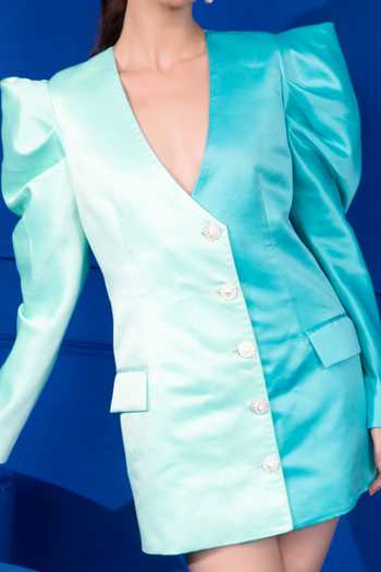 Buy_Mani Bhatia_Green Satin V Neck Colorblock Blazer Dress _Online_at_Aza_Fashions