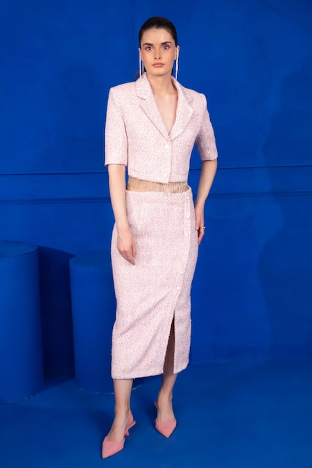 Mani Bhatia Pink Tweed Solid Notched Lapel Collar Cropped Blazer And Skirt Set 