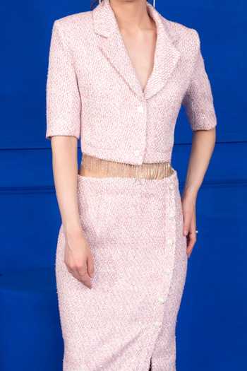 Buy_Mani Bhatia_Pink Tweed Notched Lapel Collar Cropped Blazer And Skirt Set _Online_at_Aza_Fashions