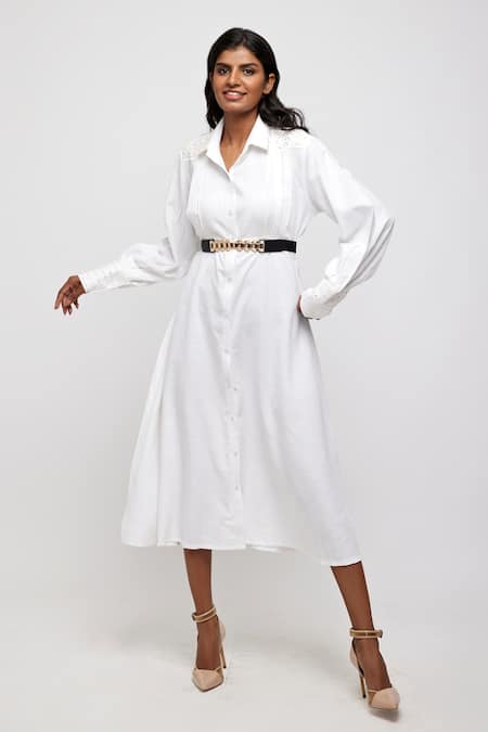 DaisyDays.Co. White Cotton Modal Embroidered Sequin Ilanga Puff Sleeve Shirt Dress 