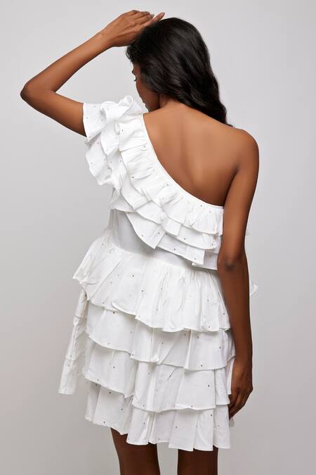 Shop_Daisydays.CO._White Cotton Modal One Shoulder Sowl Dress _at_Aza_Fashions