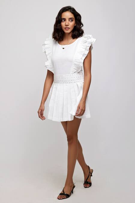 Daisydays.CO._White Cotton Modal Embroidered Sequin Work Iuan Knife Pleat Dress _Online_at_Aza_Fashions