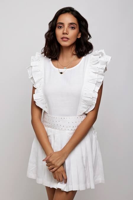 Buy_Daisydays.CO._White Cotton Modal Embroidered Sequin Work Iuan Knife Pleat Dress _Online_at_Aza_Fashions