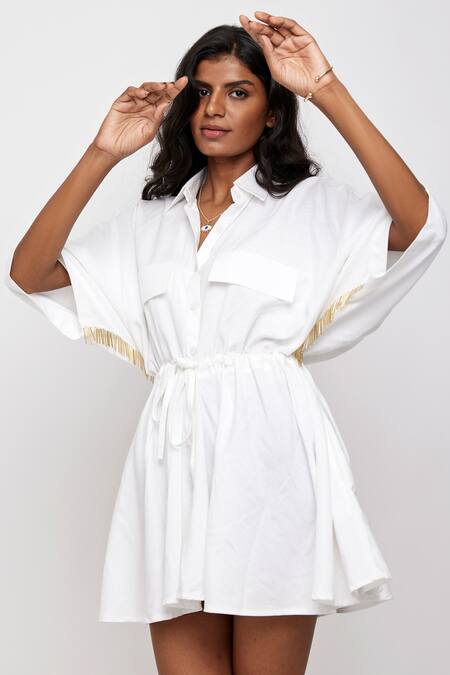 Buy_Daisydays.CO._White Cotton Modal Korshid Cinched Shirt Dress_Online_at_Aza_Fashions