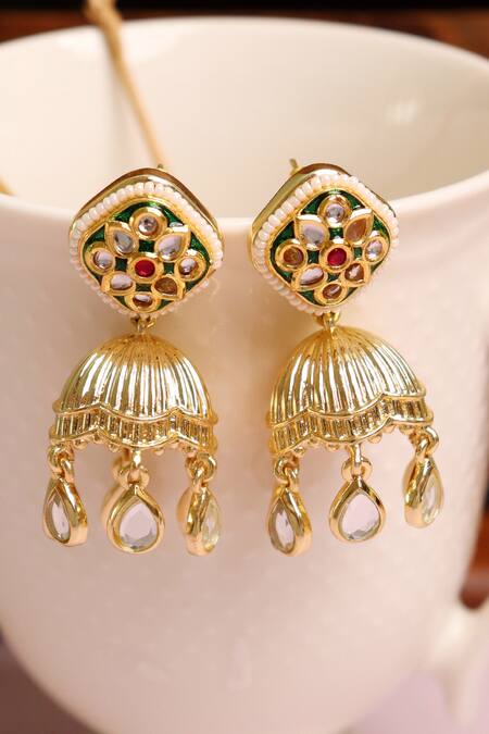 Buy_Curio Cottage_Gold Plated Kundan Floral Mini Jhumkas_Online_at_Aza_Fashions