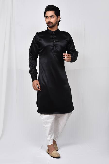 Buy Black Satin Silk Plain Cuff Sleeve Pathani Kurta Set For Men