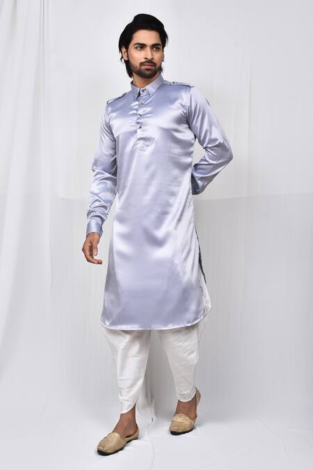 Buy Grey Satin Silk Plain Cuff Sleeve Pathani Kurta Set For Men by