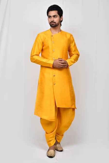 Aryavir Malhotra Yellow Art Silk Plain Asymmetric Kurta And Cowl Pant Set