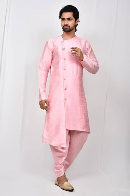 Aryavir Malhotra Pink Art Silk Plain Asymmetric Kurta And Cowl Pant Set
