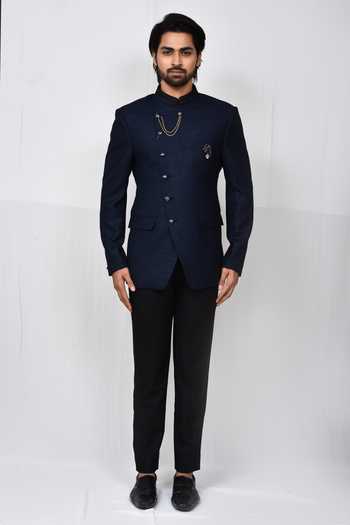 Buy_Aryavir Malhotra_Blue Cotton, Linen Navy Bandhgala Set _Online_at_Aza_Fashions