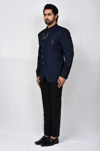 Shop_Aryavir Malhotra_Blue Cotton, Linen Navy Bandhgala Set _Online_at_Aza_Fashions