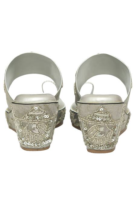 Buy_Kkarma Accessories_Gray Embroidery Doli Zardozi Platform Wedges _Online_at_Aza_Fashions