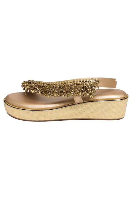 Kkarma Accessories_Gold Embroidery Ghungroo Embellished Platform Sandals _Online_at_Aza_Fashions