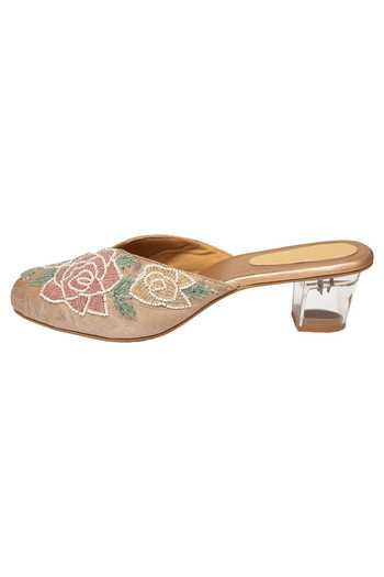 Kkarma Accessories_Gold Embroidery Gul Mule Block Heels_Online_at_Aza_Fashions