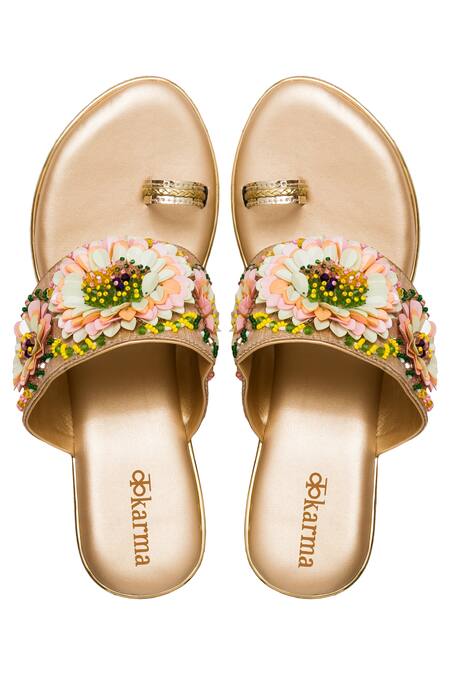 Shop Kkarma Accessories Multi Color Embroidery Manihari Kolhapuri Wedges at Aza Fashions Shop_Kkarma Accessories_Multi Color Embroidery Manihari Kolhapuri Wedges_at_Aza_Fashions