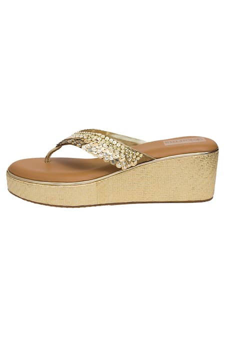 Kkarma Accessories_Gold Beads, Sequins Motila Embroidered Platform Wedges _Online_at_Aza_Fashions