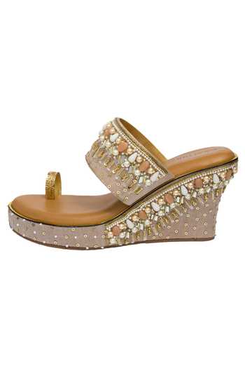 Kkarma Accessories_Pink Embroidery, Stones, Sequins Ryne Kolhapuri Platform Wedges _Online_at_Aza_Fashions