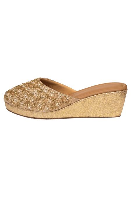 Kkarma Accessories_Gold Embroidery Sultan Platform Wedges _Online_at_Aza_Fashions