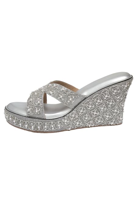 Kkarma Accessories_Gray Embroidery Grey Silver Platform Wedges _Online_at_Aza_Fashions