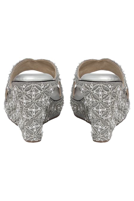 Buy_Kkarma Accessories_Gray Embroidery Grey Silver Platform Wedges _Online_at_Aza_Fashions