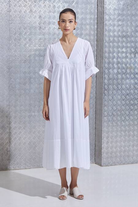 The Summer House_White Organic Cotton V Neck Bili Dress_Online_at_Aza_Fashions