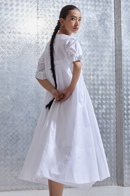 Buy_The Summer House_White Organic Cotton V Neck Bili Dress_Online_at_Aza_Fashions