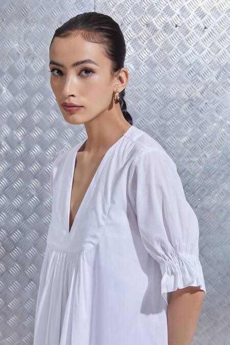 The Summer House_White Organic Cotton V Neck Bili Dress_at_Aza_Fashions