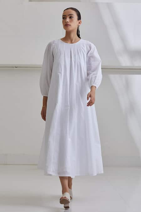 The Summer House White Organic Cotton Plain Round Telupu Panelled Dress  