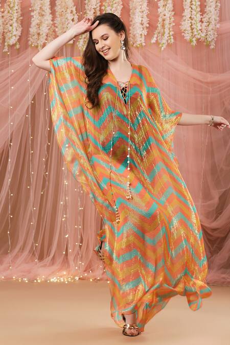 Aayushi Maniar_Multi Color Chiffon Chevron Print V Neck Kaftan_Online_at_Aza_Fashions