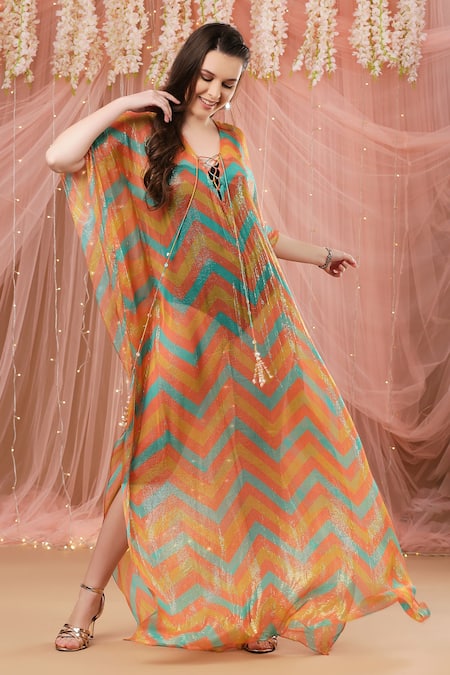 Buy_Aayushi Maniar_Multi Color Chiffon Chevron Print V Neck Kaftan_Online_at_Aza_Fashions