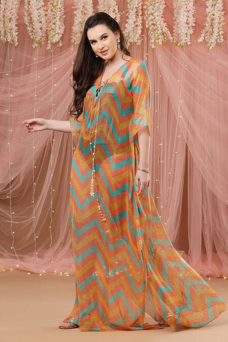 Shop_Aayushi Maniar_Multi Color Chiffon Chevron Print V Neck Kaftan_Online_at_Aza_Fashions