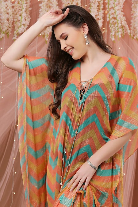 Aayushi Maniar_Multi Color Chiffon Chevron Print V Neck Kaftan_at_Aza_Fashions
