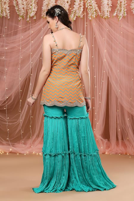 Shop Aayushi Maniar Multi Color Organza, Crepe Silk Chevron Print, Zardozi Work Kurta Gharara Set at Aza Fashions Shop_Aayushi Maniar_Multi Color Organza, Crepe Silk Chevron Print, Zardozi Work Kurta Gharara Set_at_Aza_Fashions