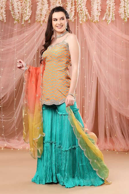 Aayushi Maniar Multi Color Organza, Crepe Silk Chevron Print, Zardozi Work Kurta Gharara Set Online at Aza Fashions Aayushi Maniar_Multi Color Organza, Crepe Silk Chevron Print, Zardozi Work Kurta Gharara Set_Online_at_Aza_Fashions